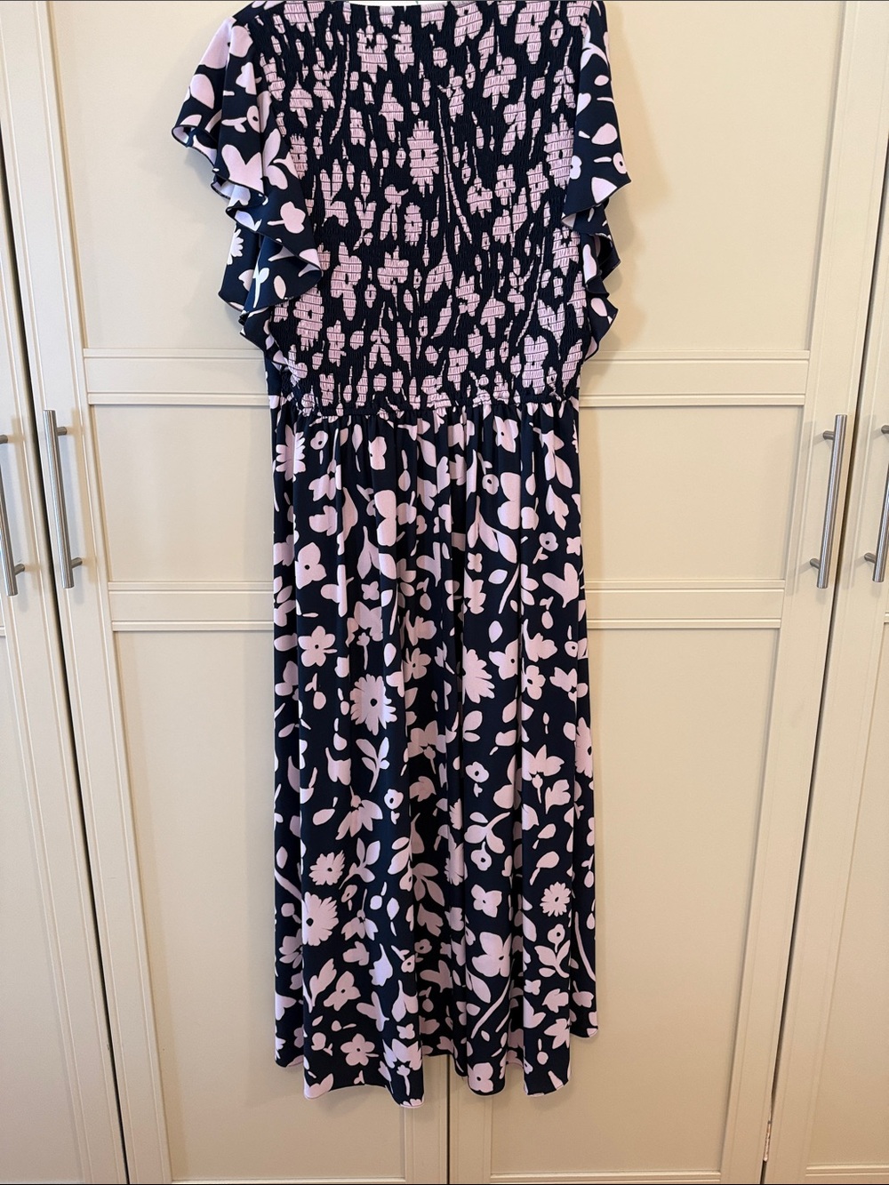 Kate Spade Floral Midi Dress Size 14 Navy Lavender Flutter Sleeve - Picture 5 of 10